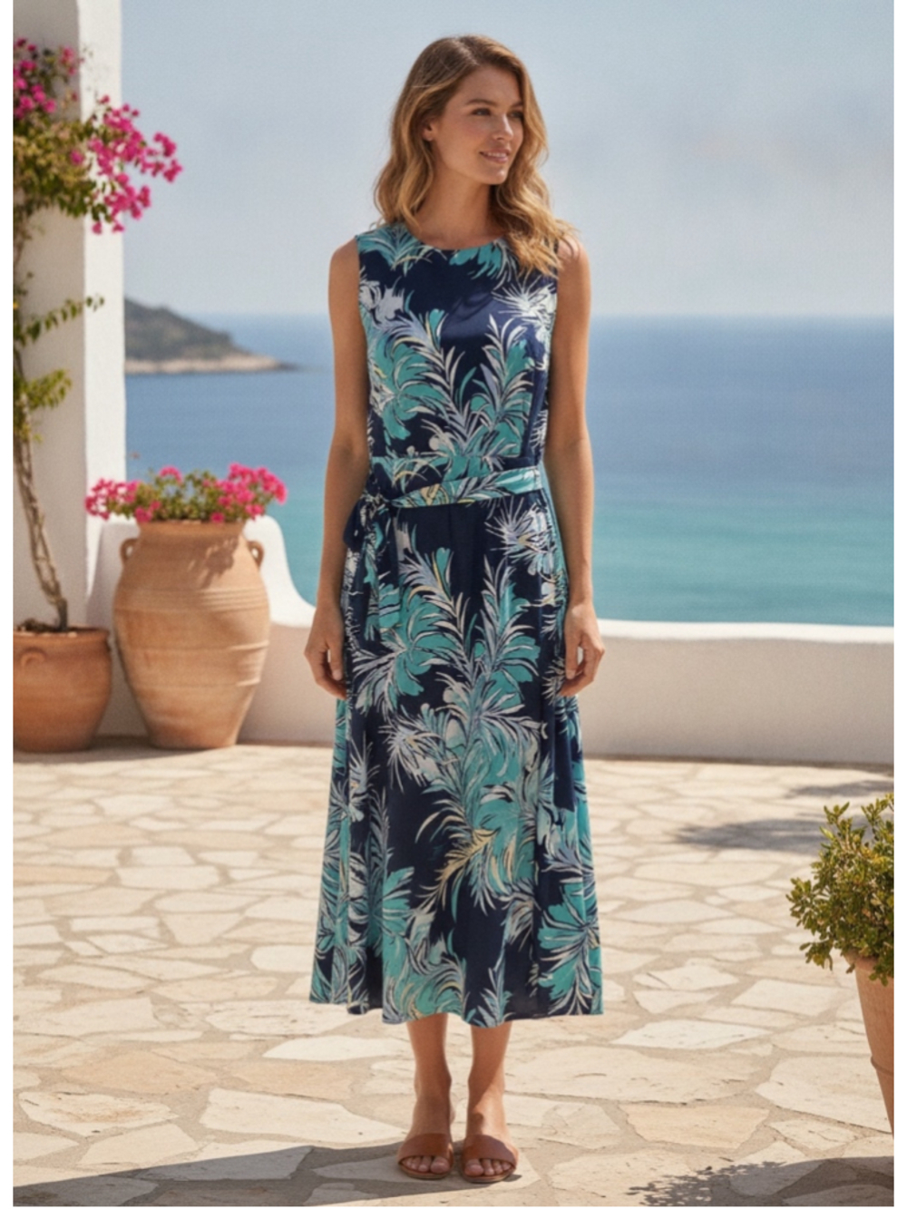 Charter Club Tropical Print Midi Dress Blue Teal Size 0X (20” PTP) NWT
